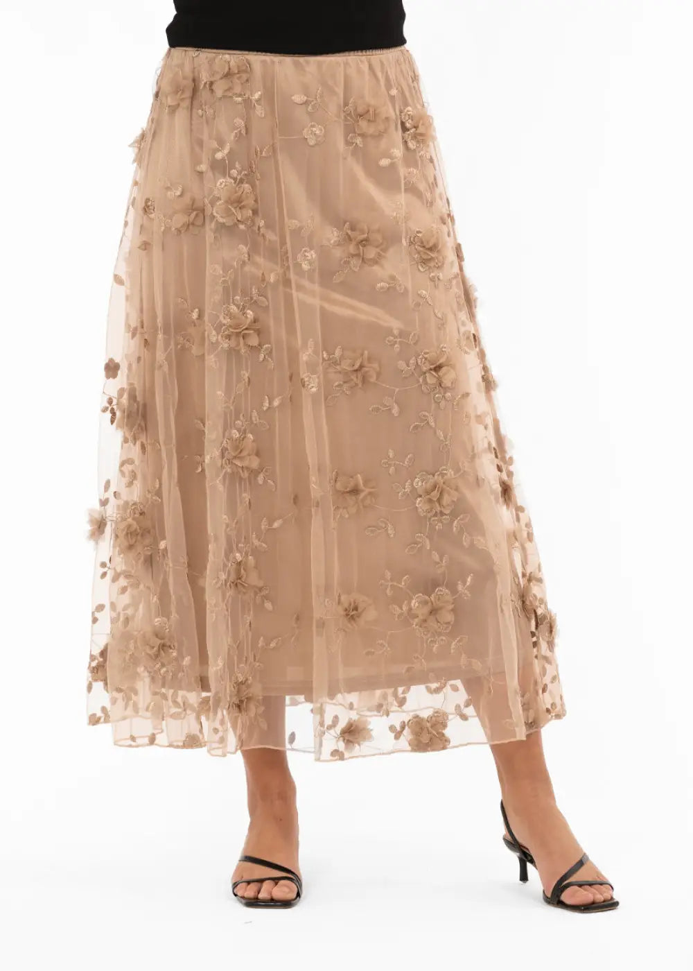 Pitkä juhlahame läpinäkyvästä mesh-kankaasta, kohokukkakoristeet ja köynnöskirjailut, A-linjainen, joustava alushame, kuminauhavyötärö, romanttinen kullansävy