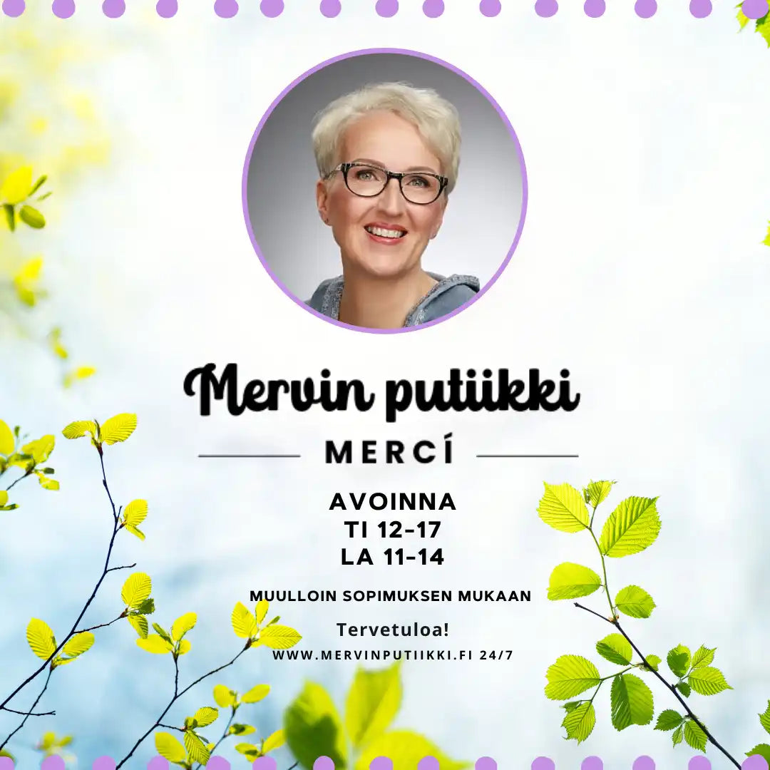 Mervin putiikkia mainostava kuva hänen hymyilevästä kuvastaan, aukioloajat (tiistai 12-17, lauantai 11-14) ja verkkosivusto.