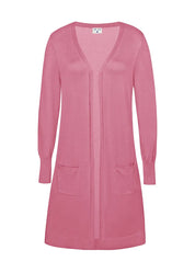 Pitkä avomallinen neuletakki pehmeästä ohuesta neuloksesta, suora malli, täyspitkät hihat ja taskut edessä