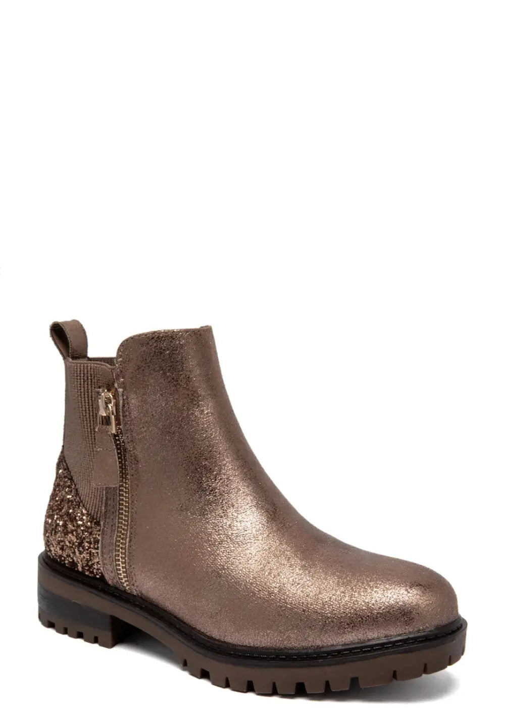 Taupe-kulta nilkkurit kimaltavalla kantapäällä, joustavalla resorilla ja vetoketjuilla – ylelliset arkeen ja juhlaan