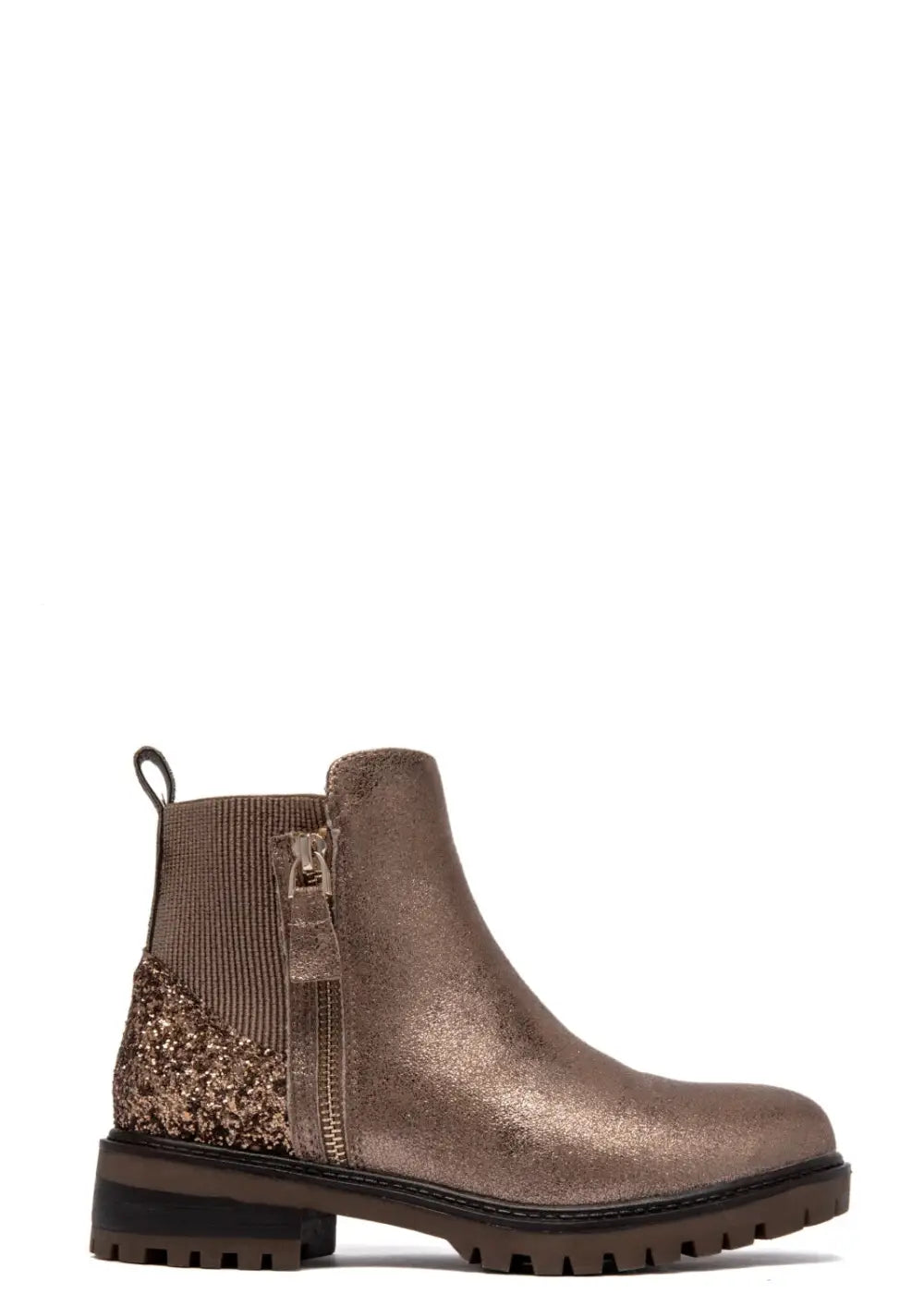 Taupe-kulta nilkkurit kimaltavalla kantapäällä, joustavalla resorilla ja vetoketjuilla – ylelliset arkeen ja juhlaan