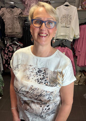 Naisten lyhythihainen pusero strassikoristeella, kimaltava etuosa, joustava takaosa, O-pääntie ja holkkihihat juhlaan ja vapaa-aikaan