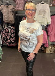 Naisten lyhythihainen pusero strassikoristeella, kimaltava etuosa, joustava takaosa, O-pääntie ja holkkihihat juhlaan ja vapaa-aikaan