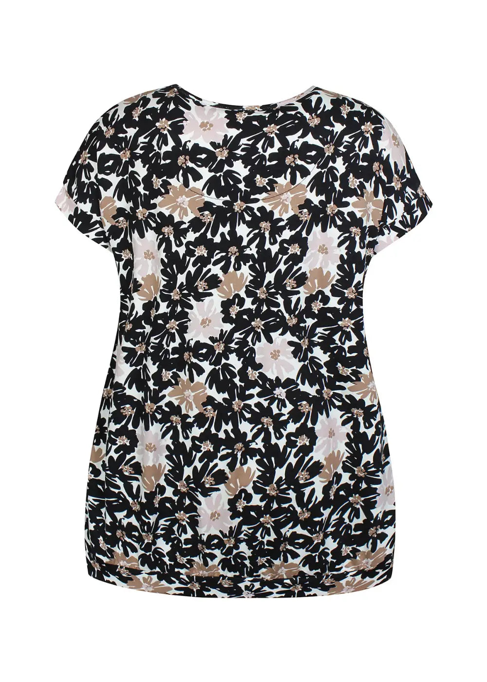 Naisten beige trikoopaita, pehmeä ja joustava materiaali, holkkihihat, O-pääntie ja pussimainen helma