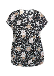 Naisten beige trikoopaita, pehmeä ja joustava materiaali, holkkihihat, O-pääntie ja pussimainen helma