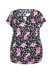 Naisten pinkki trikoopaita, pehmeä ja joustava materiaali, holkkihihat, O-pääntie ja pussimainen helma