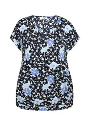 Naisten sininen trikoopaita, pehmeä ja joustava materiaali, holkkihihat, O-pääntie ja pussimainen helma