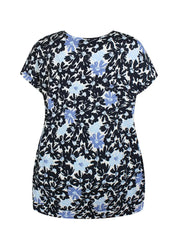 Naisten sininen trikoopaita, pehmeä ja joustava materiaali, holkkihihat, O-pääntie ja pussimainen helma