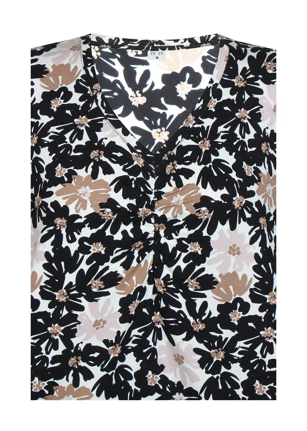 Naisten hurmaava trikoopaita beigenä, tiheä kukkakuvio, pehmeä ja joustava materiaali, naisellinen malli, V-pääntie, frillahihat ja rypytys