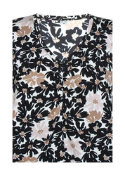 Naisten hurmaava trikoopaita beigenä, tiheä kukkakuvio, pehmeä ja joustava materiaali, naisellinen malli, V-pääntie, frillahihat ja rypytys