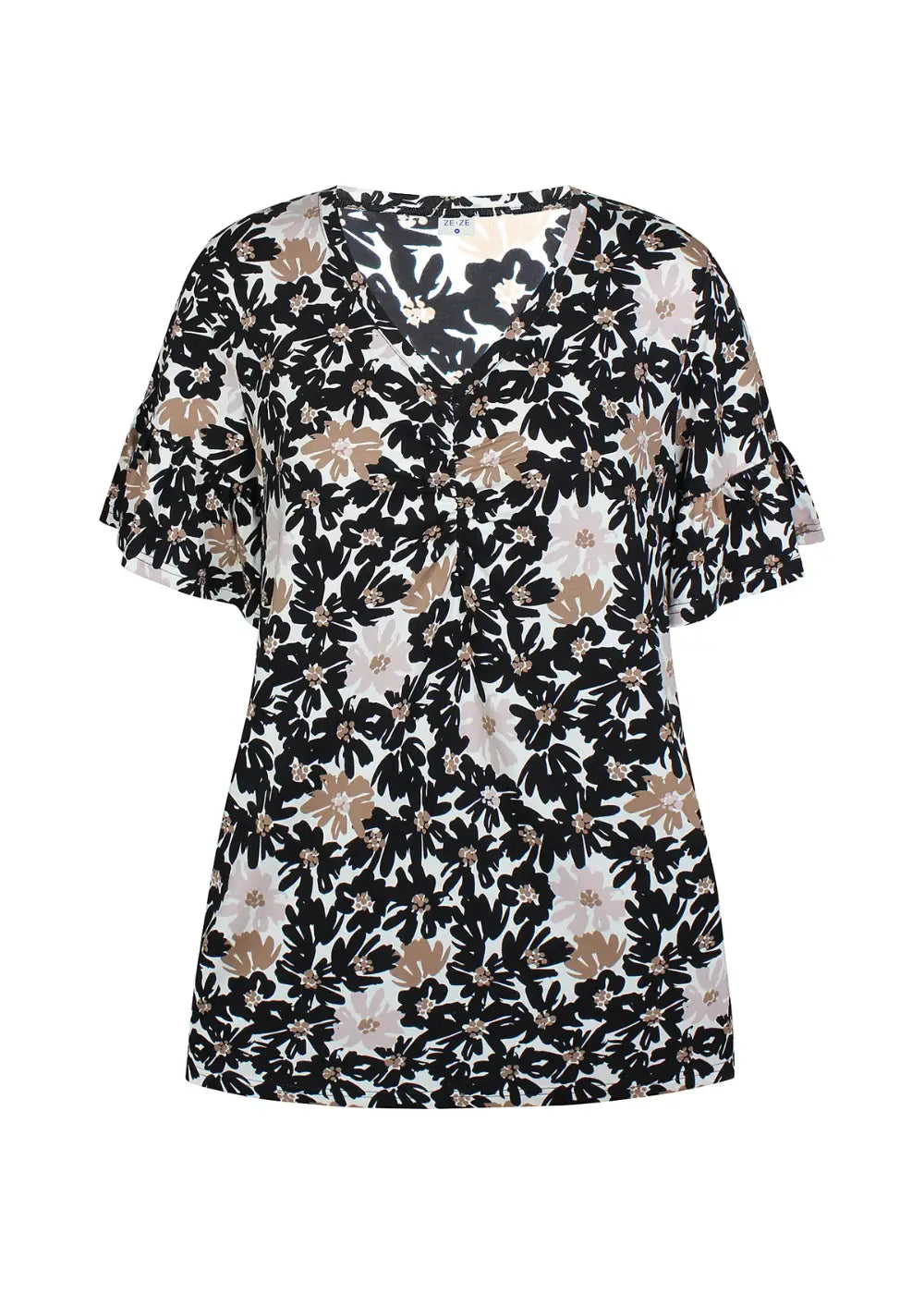 Naisten hurmaava trikoopaita beigenä, tiheä kukkakuvio, pehmeä ja joustava materiaali, naisellinen malli, V-pääntie, frillahihat ja rypytys