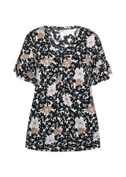 Naisten hurmaava trikoopaita beigenä, tiheä kukkakuvio, pehmeä ja joustava materiaali, naisellinen malli, V-pääntie, frillahihat ja rypytys