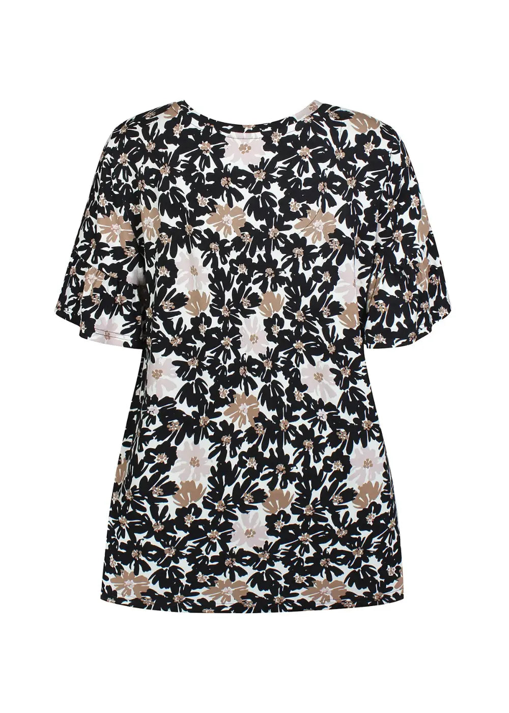 Naisten hurmaava trikoopaita beigenä, tiheä kukkakuvio, pehmeä ja joustava materiaali, naisellinen malli, V-pääntie, frillahihat ja rypytys