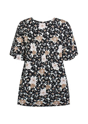 Naisten hurmaava trikoopaita beigenä, tiheä kukkakuvio, pehmeä ja joustava materiaali, naisellinen malli, V-pääntie, frillahihat ja rypytys