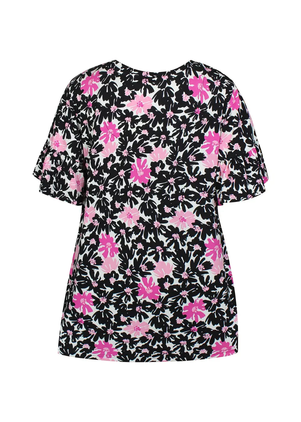 Naisten hurmaava trikoopaita pinkkinä, tiheä kukkakuvio, pehmeä ja joustava materiaali, naisellinen malli, V-pääntie, frillahihat ja rypytys