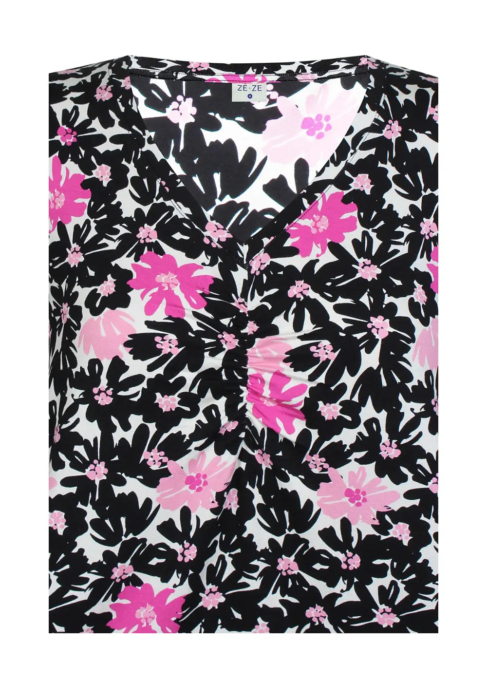 Naisten hurmaava trikoopaita pinkkinä, tiheä kukkakuvio, pehmeä ja joustava materiaali, naisellinen malli, V-pääntie, frillahihat ja rypytys