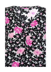 Naisten hurmaava trikoopaita pinkkinä, tiheä kukkakuvio, pehmeä ja joustava materiaali, naisellinen malli, V-pääntie, frillahihat ja rypytys