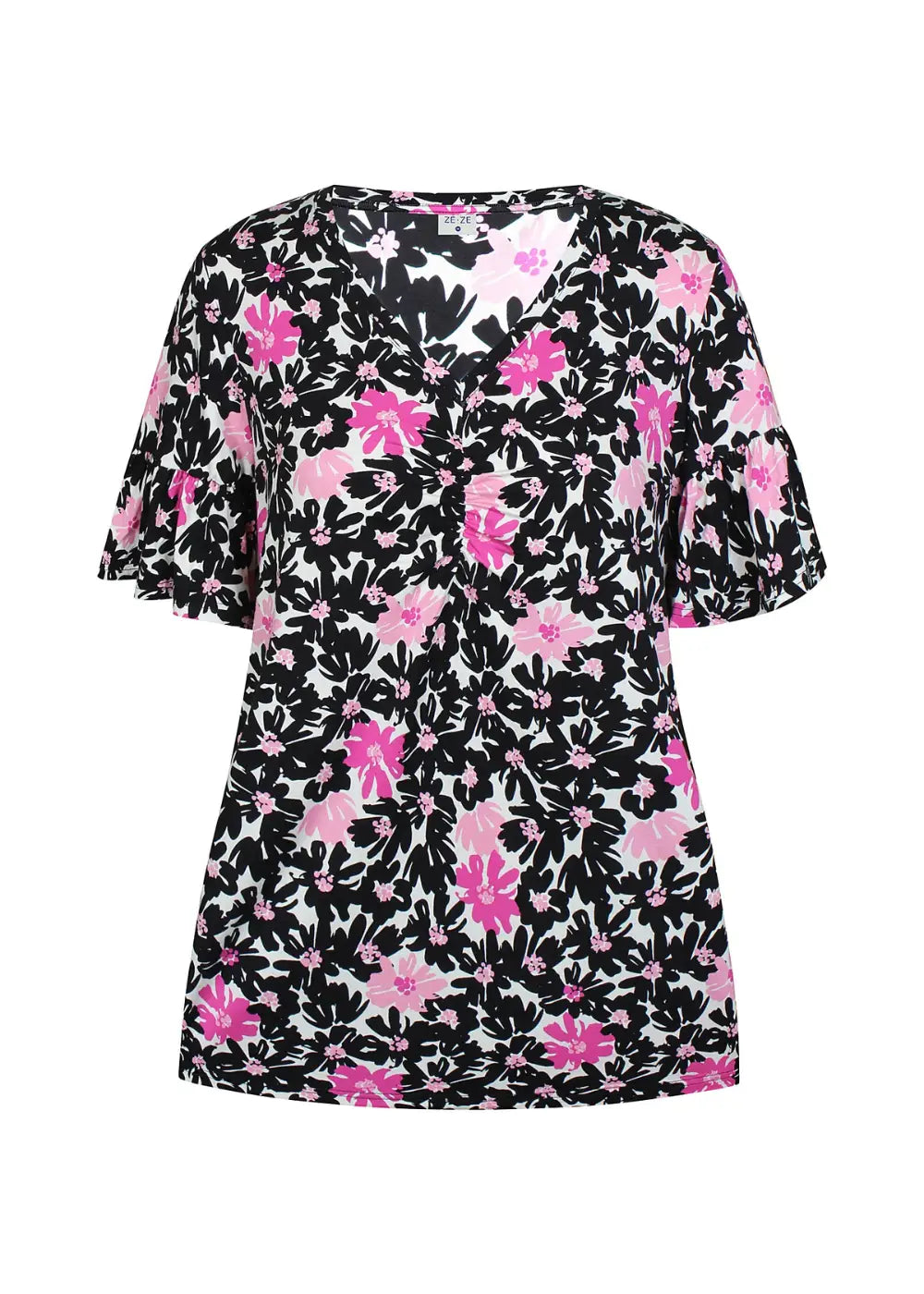 Naisten hurmaava trikoopaita pinkkinä, tiheä kukkakuvio, pehmeä ja joustava materiaali, naisellinen malli, V-pääntie, frillahihat ja rypytys