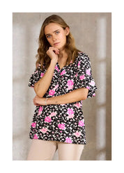 Naisten hurmaava trikoopaita pinkkinä, tiheä kukkakuvio, pehmeä ja joustava materiaali, naisellinen malli, V-pääntie, frillahihat ja rypytys