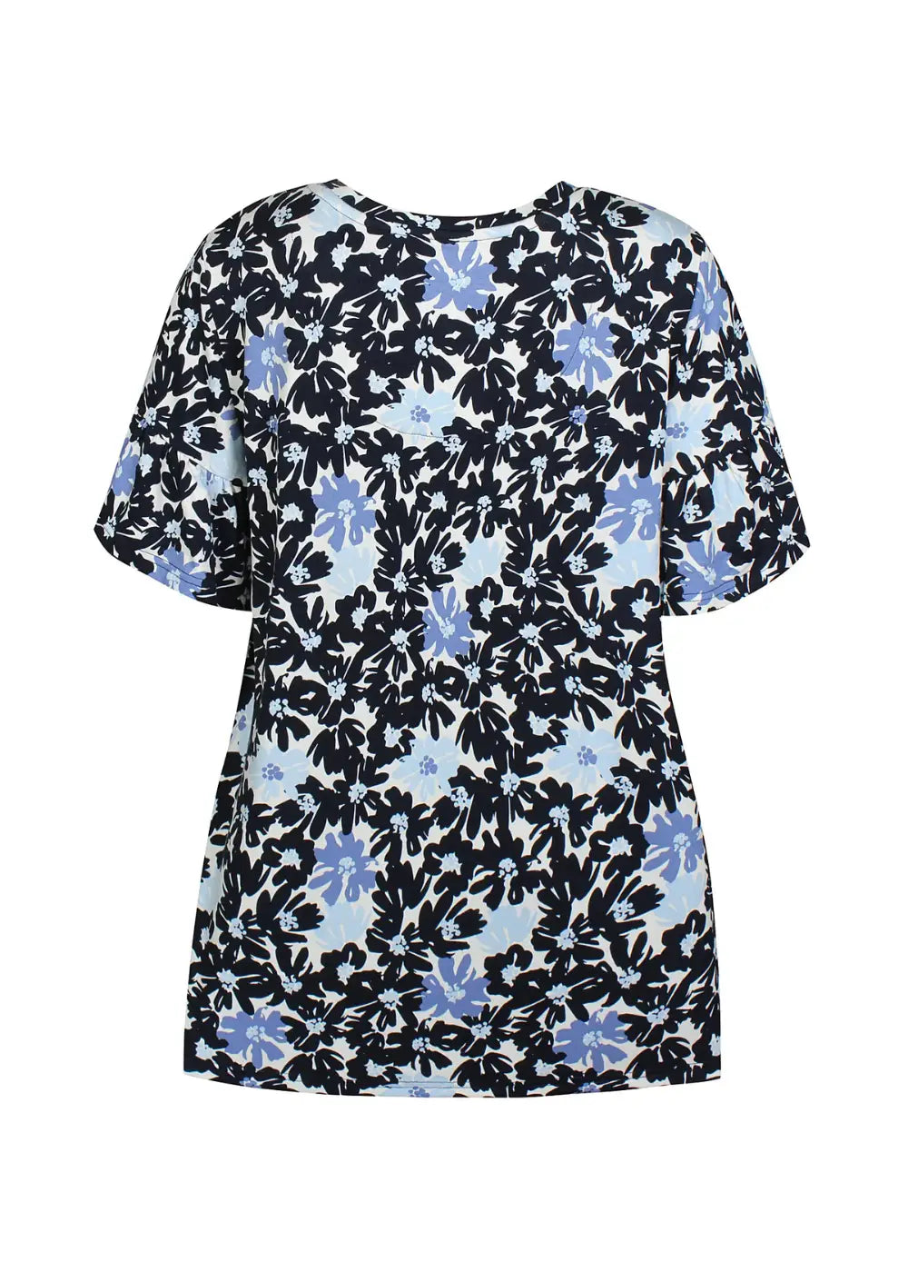 Naisten hurmaava trikoopaita sinisenä, tiheä kukkakuvio, pehmeä ja joustava materiaali, naisellinen malli, V-pääntie, frillahihat ja rypytys