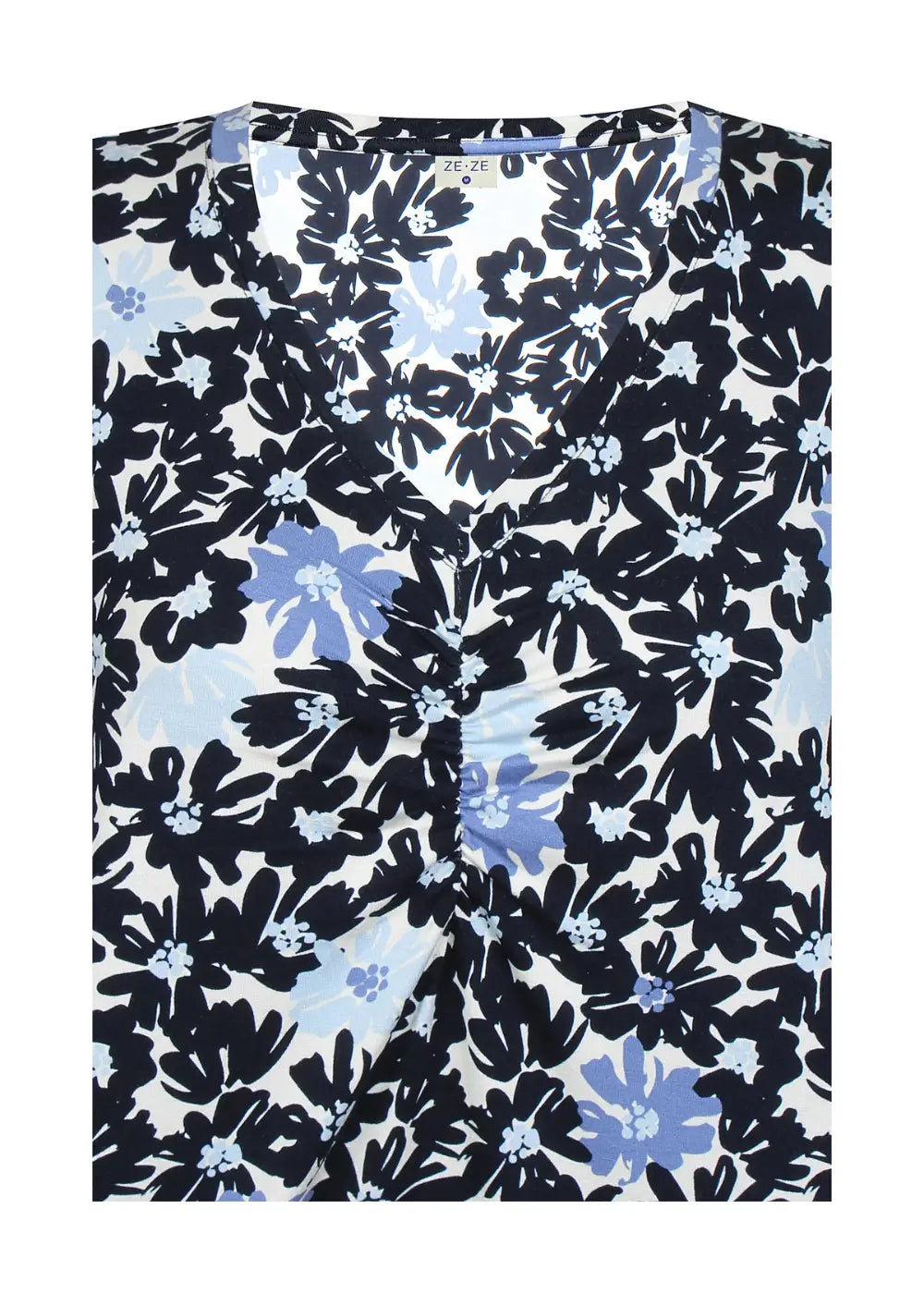 Naisten hurmaava trikoopaita sinisenä, tiheä kukkakuvio, pehmeä ja joustava materiaali, naisellinen malli, V-pääntie, frillahihat ja rypytys