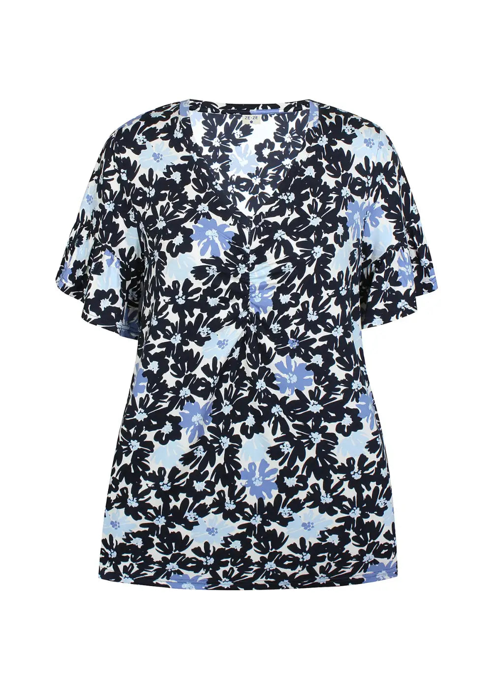 Naisten hurmaava trikoopaita sinisenä, tiheä kukkakuvio, pehmeä ja joustava materiaali, naisellinen malli, V-pääntie, frillahihat ja rypytys