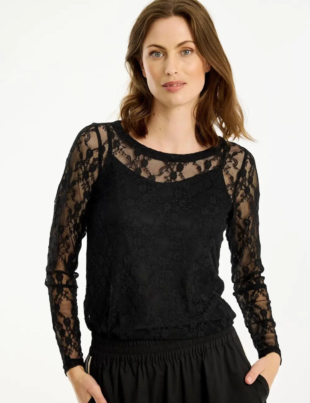 Naisellinen pitkähihainen pitsipaita, joustava ja läpikuultava yläosa arkeen ja juhlaan, klassinen O-pääntie.