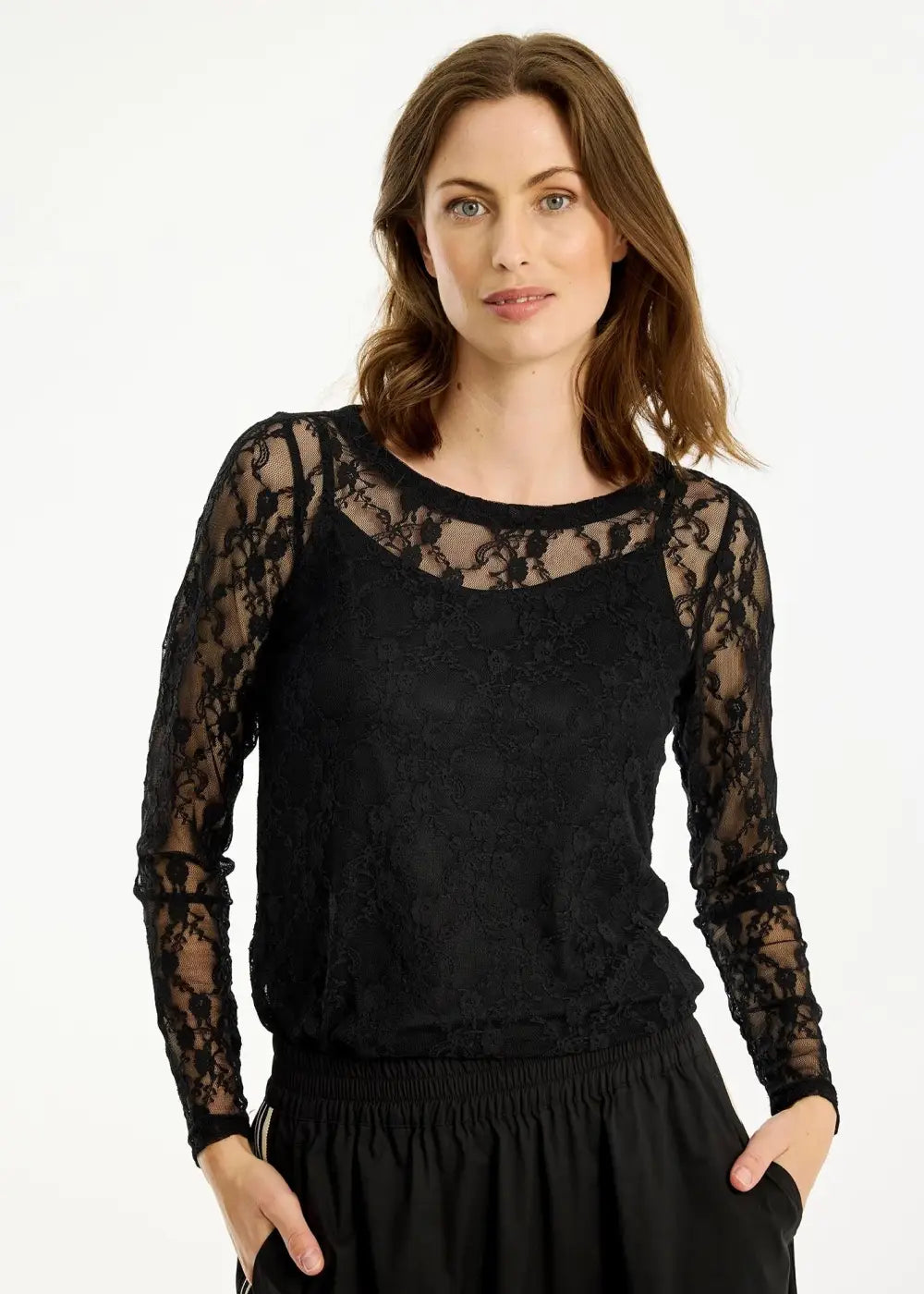 Naisellinen pitkähihainen pitsipaita, joustava ja läpikuultava yläosa arkeen ja juhlaan, klassinen O-pääntie.