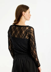 Naisellinen pitkähihainen pitsipaita, joustava ja läpikuultava yläosa arkeen ja juhlaan, klassinen O-pääntie.