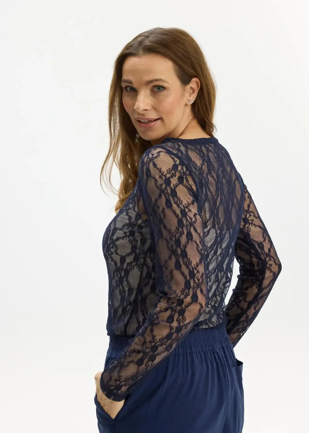 Naisten tummansininen pitkähihainen pitsipaita, joustava läpikuultava yläosa arkeen ja juhlaan, O-pääntie