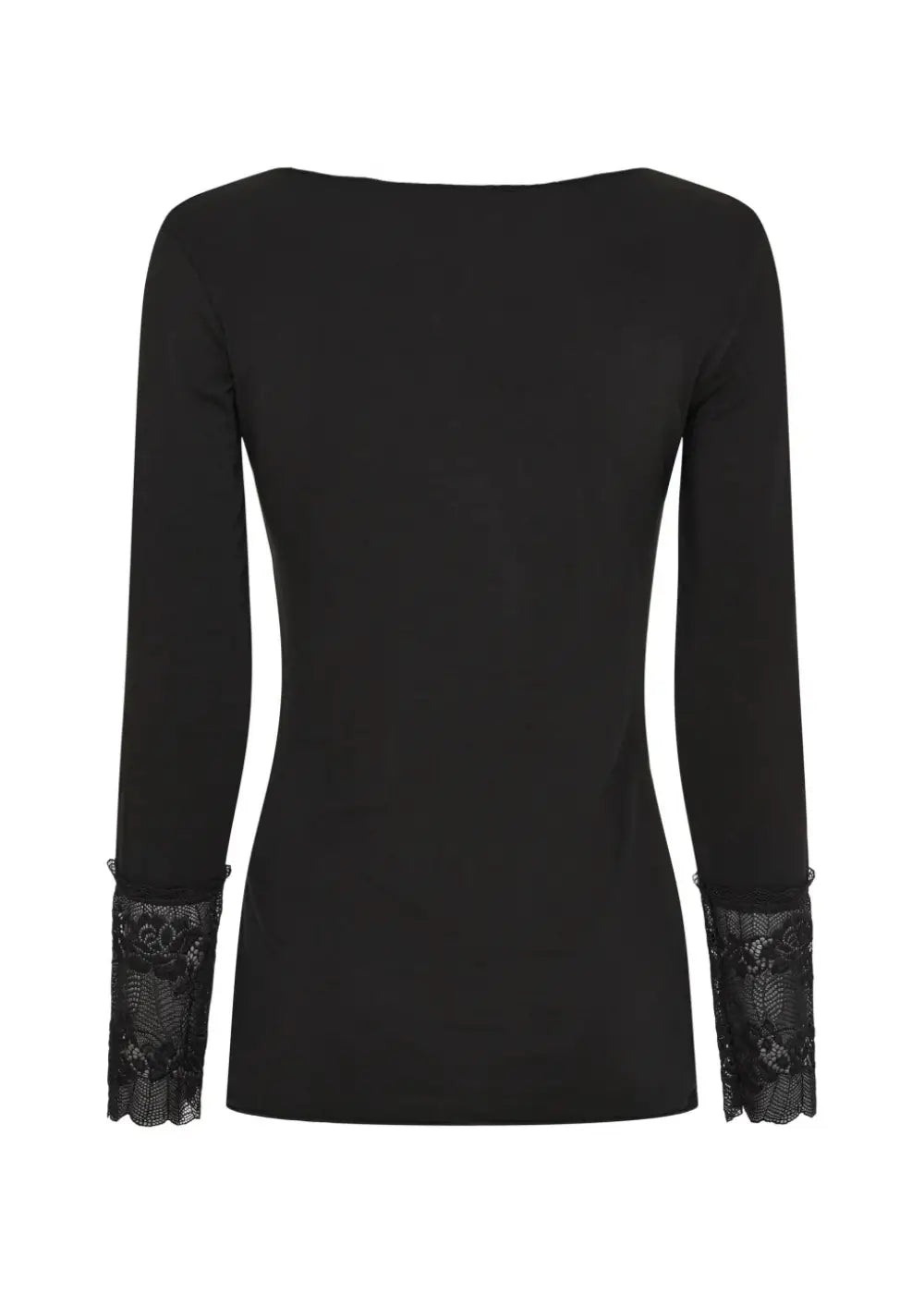 Pitkähihainen musta trikoopusero naisellisilla pitsihihansuilla, joustava kangas, O-pääntie ja romanttinen ilme