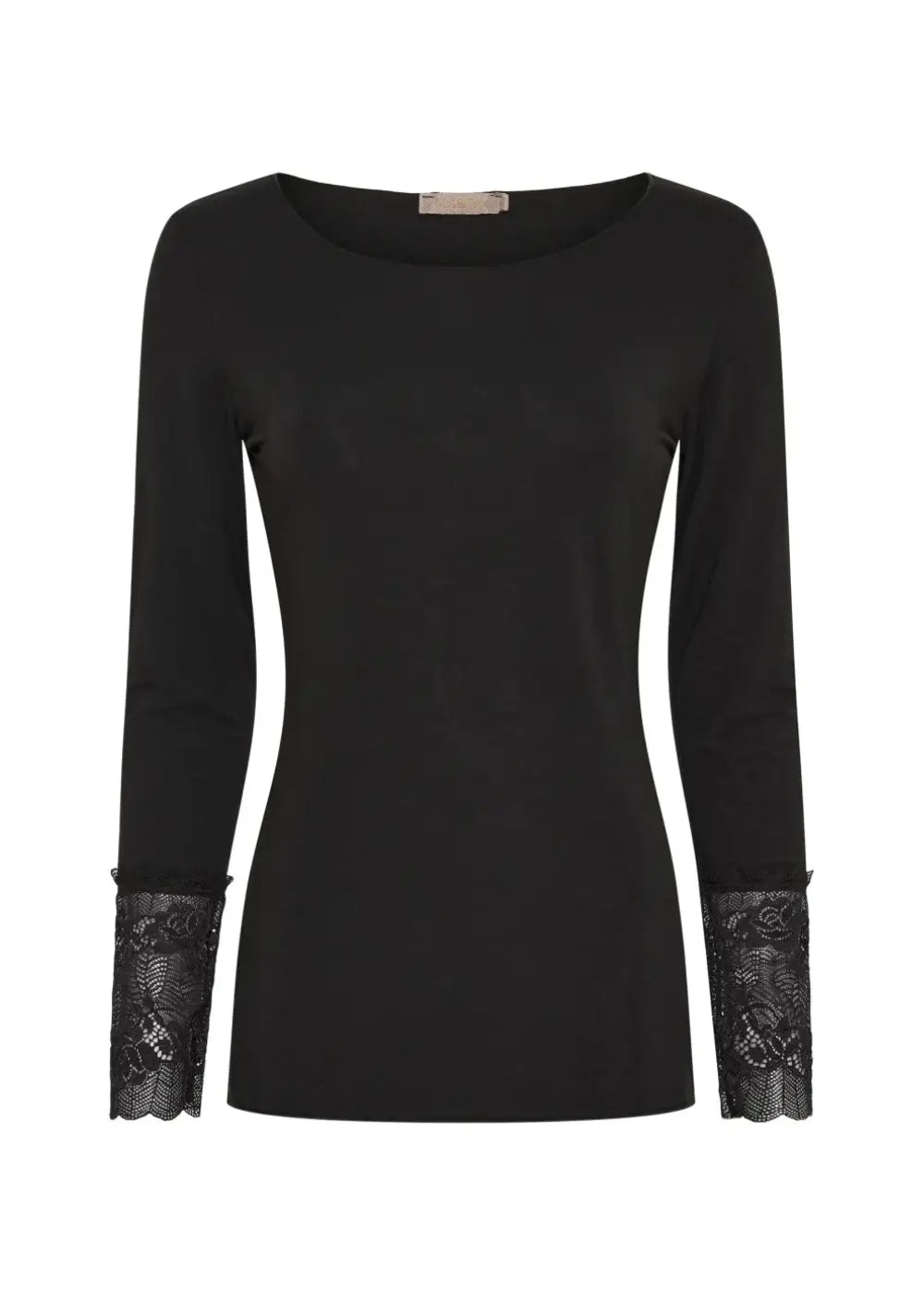 Pitkähihainen musta trikoopusero naisellisilla pitsihihansuilla, joustava kangas, O-pääntie ja romanttinen ilme