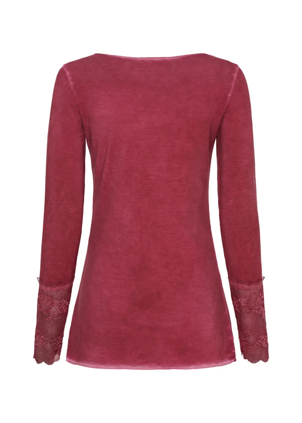 Pitkähihainen viininpunainen trikoopusero naisellisilla pitsihihansuilla, joustava kangas, O-pääntie ja romanttinen ilme