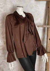 Kimaltava satiinipusero naisille, hopeakoristeet, syvä V-pääntie, leveät hihat ja frillayksityiskohdat juhlaan ja arkeen