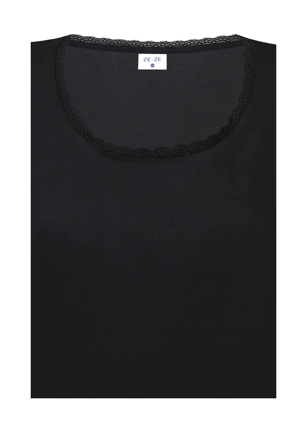 Naisten hihaton toppi joustavasta materiaalista, pitsireunukset pääntiellä, hihansuissa ja helmassa, O-pääntie ja naisellinen leikkaus