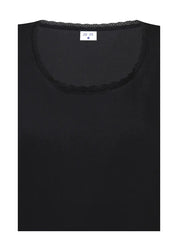 Naisten hihaton toppi joustavasta materiaalista, pitsireunukset pääntiellä, hihansuissa ja helmassa, O-pääntie ja naisellinen leikkaus