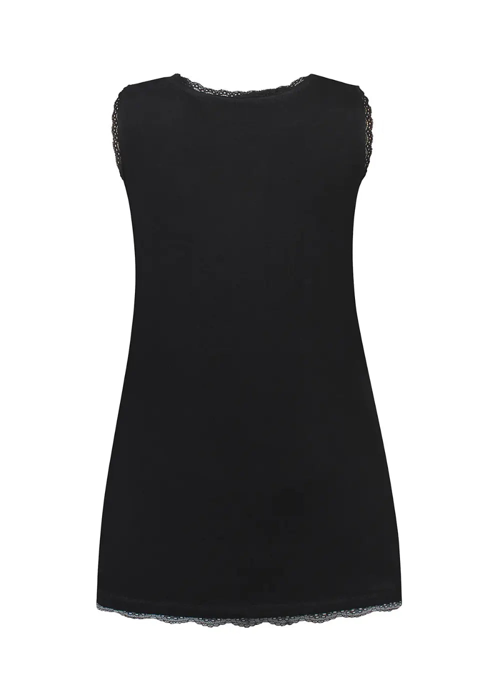 Naisten hihaton toppi joustavasta materiaalista, pitsireunukset pääntiellä, hihansuissa ja helmassa, O-pääntie ja naisellinen leikkaus