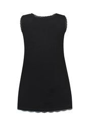 Naisten hihaton toppi joustavasta materiaalista, pitsireunukset pääntiellä, hihansuissa ja helmassa, O-pääntie ja naisellinen leikkaus