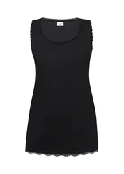 Naisten hihaton toppi joustavasta materiaalista, pitsireunukset pääntiellä, hihansuissa ja helmassa, O-pääntie ja naisellinen leikkaus