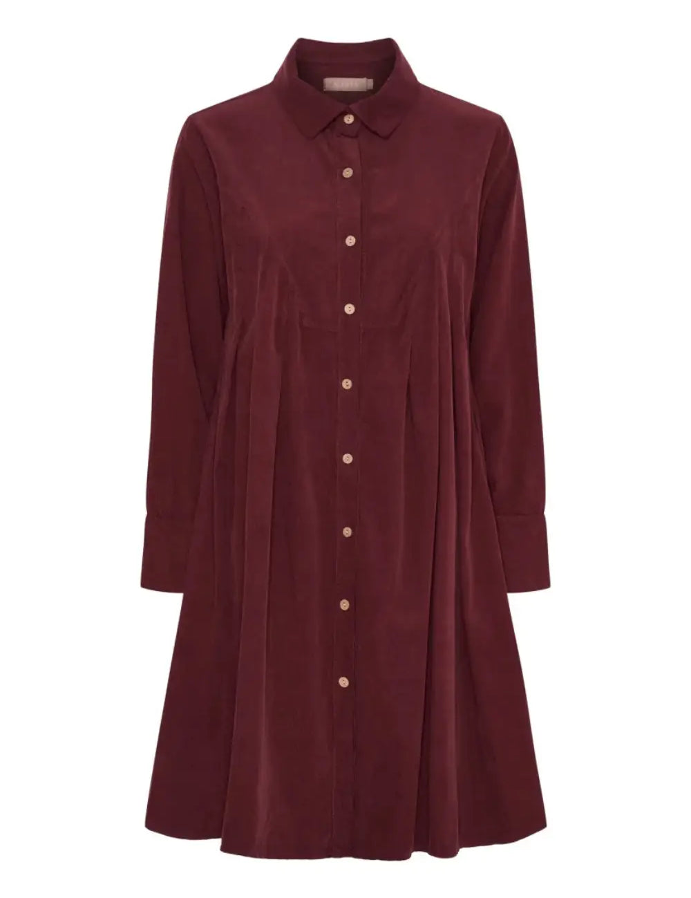 Naisellinen samettipaitamekko napituksella ja kauluksella, leveä helma, laskokset ja taskut – elegantti valinta arkeen ja juhlaan.