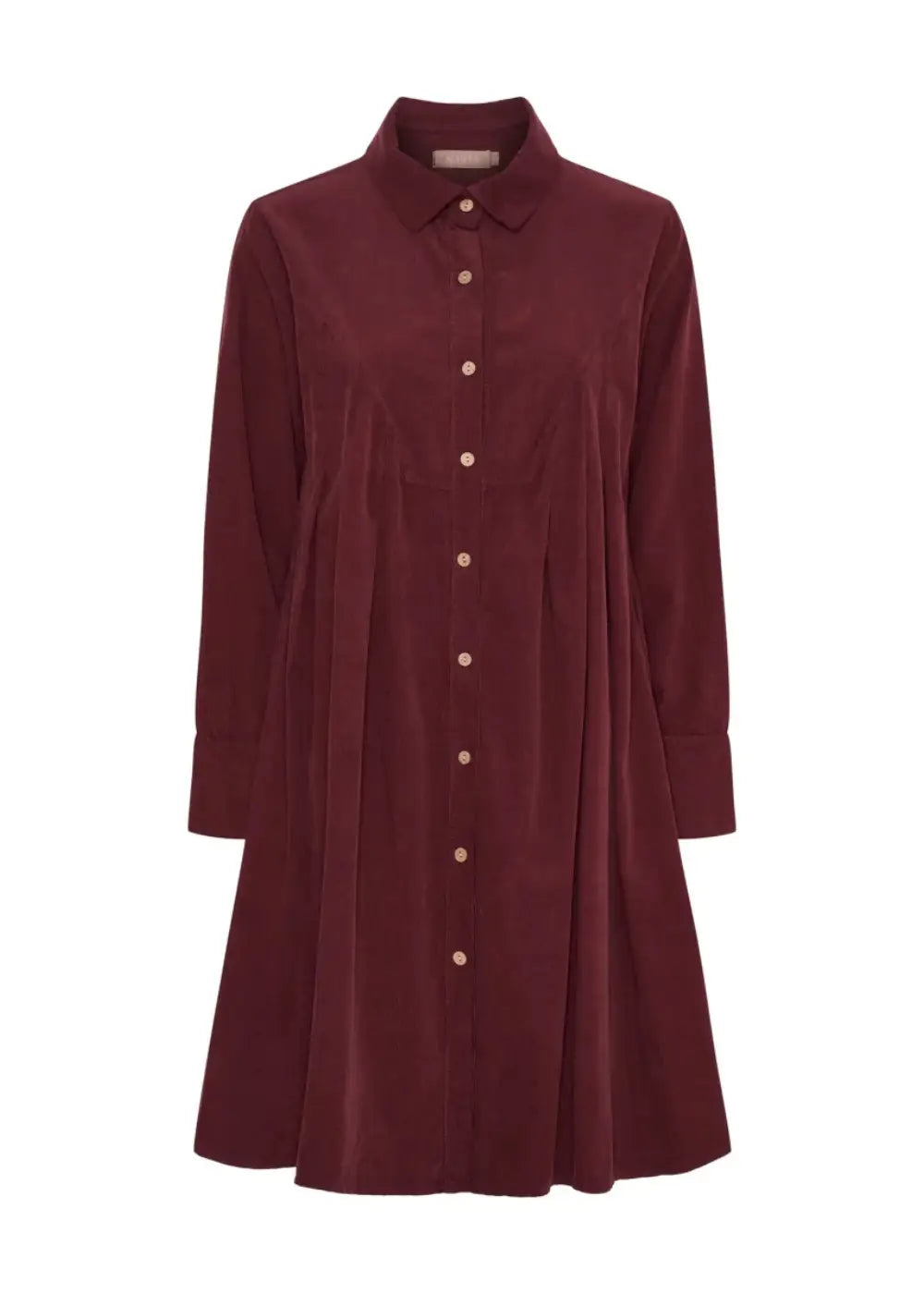 Naisellinen samettipaitamekko napituksella ja kauluksella, leveä helma, laskokset ja taskut – elegantti valinta arkeen ja juhlaan.